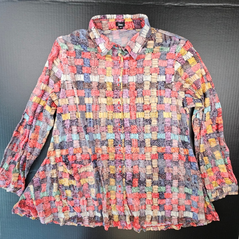 Shana Apparel Womens M Abstract Geometric Button Down Shirt Lagenlook Boho Snaps